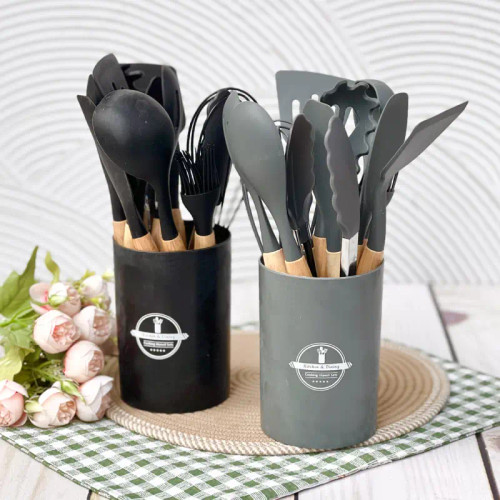 ست کفگیر سیلیکونی سطلی 12 پارچه مشکی